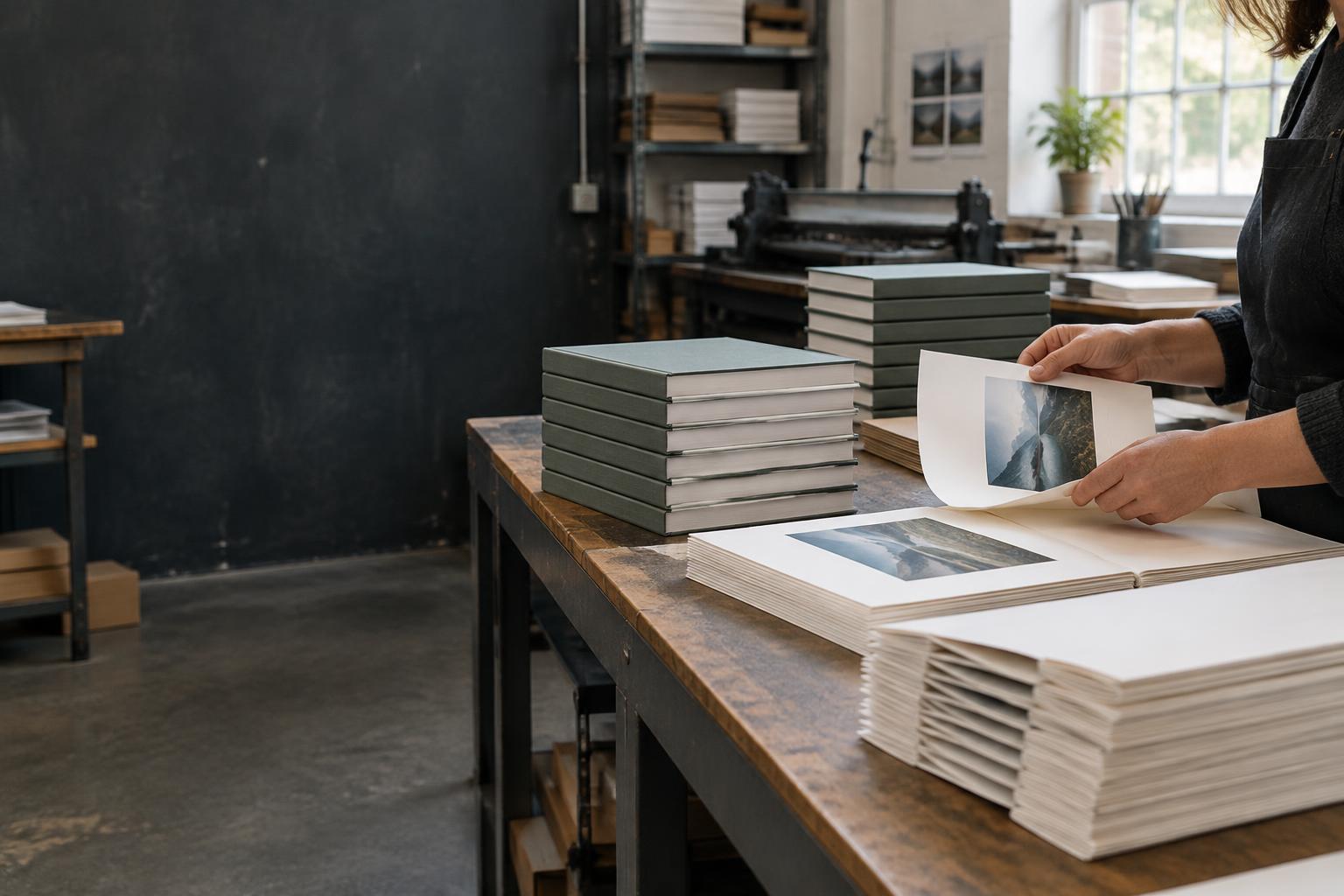 Book proofs and bound titles on a publishing production worktable